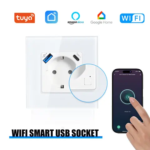 Enchufe Inteligente GEYA Wifi EU con Puerto USB Tipo-C de 20W, Carga Rápida, Compatible con Tuya Smart Life y la Aplicación Alexa, 16A