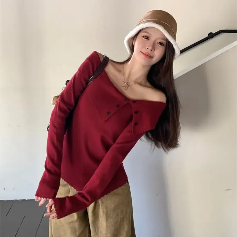 النمط الفرنسي خارج الكتف تريكو المرأة ربيع الخريف تصميم غير منتظم الإحساس معطلة سترة قميص صغير #2