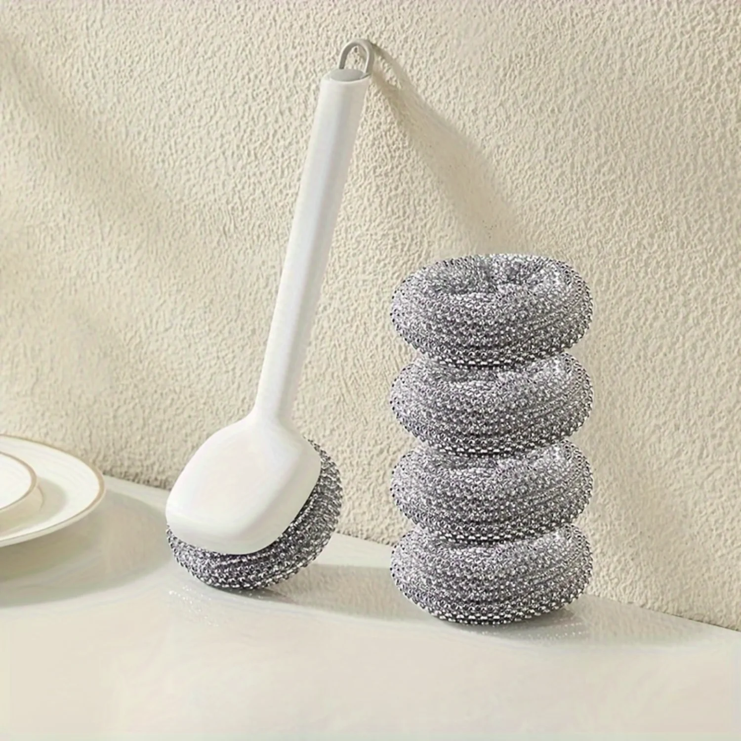 1Pc Detachable Stainless Steel  Scrubber With Long Handle - Ideal For Pots, Pans & Dishes Sponge dishwashing Usefull things