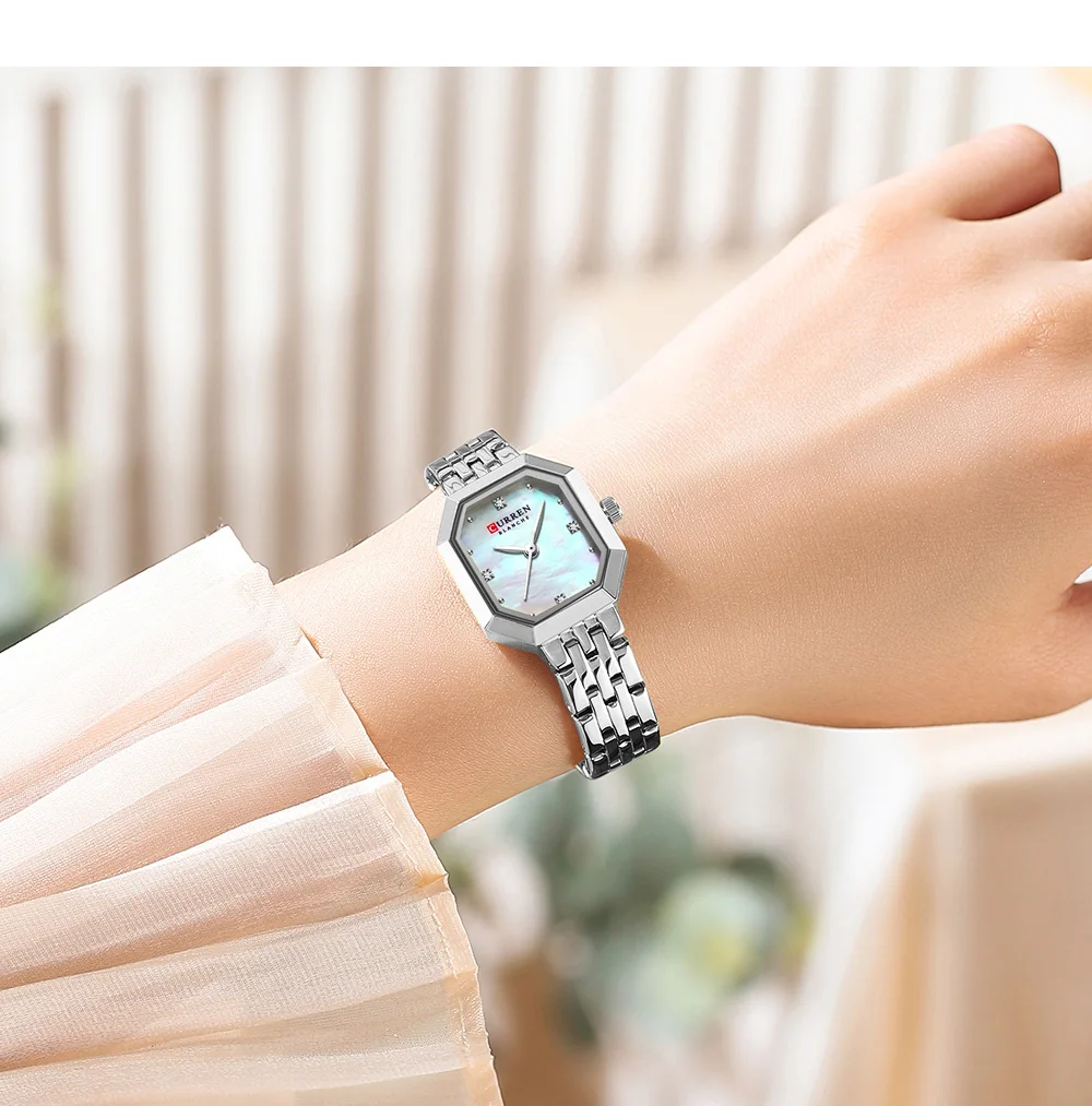 CURREN Elegance Damenarmbanduhr mit Rechteckzifferblatt, silberfarbenes Edelstahlarmband, Vintage, minimalistisches Quarz-Armbanduhr-Design. – Detail 9