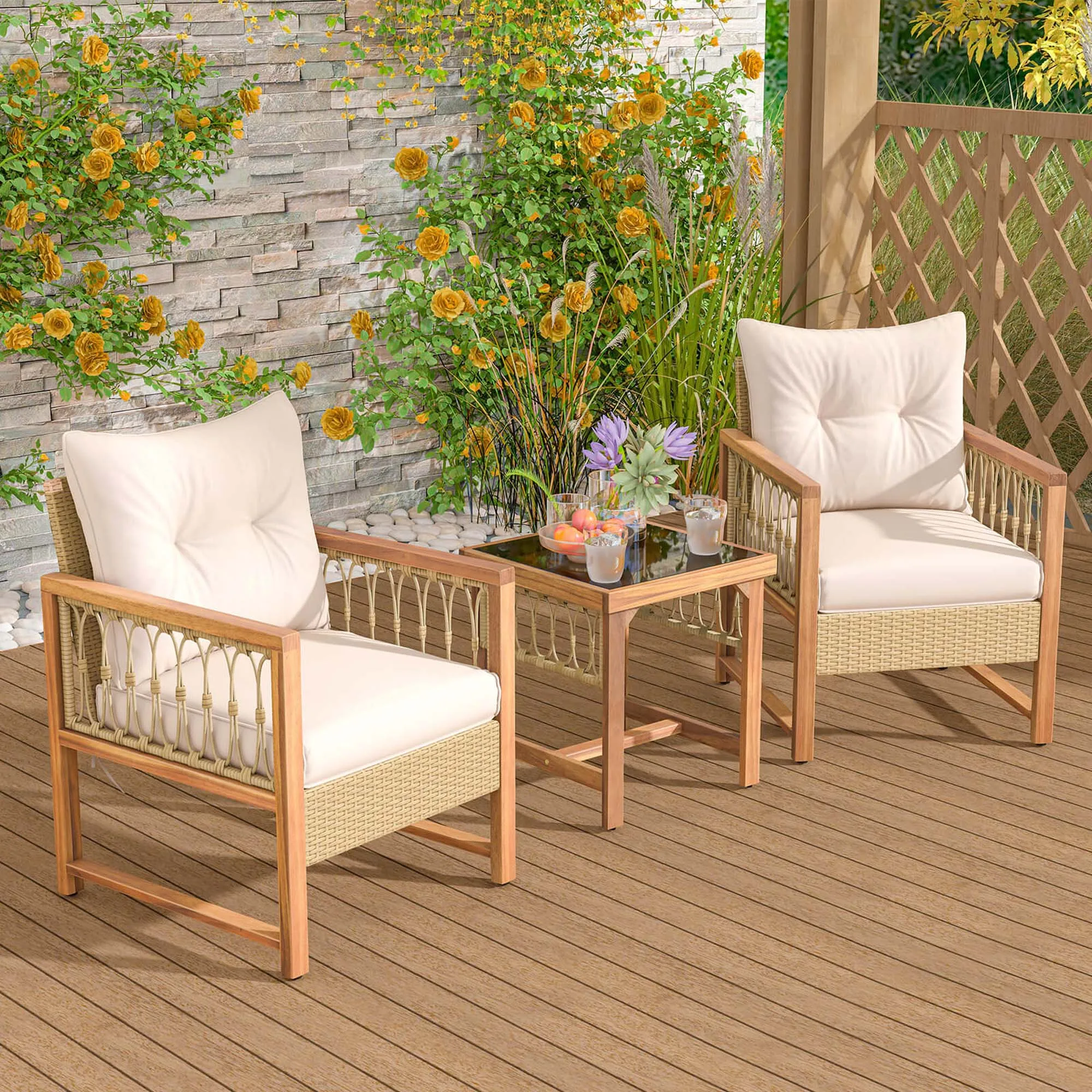 3 PCS Patio Furniture Set Outdoor PE Wicker Conversation Bistro Set