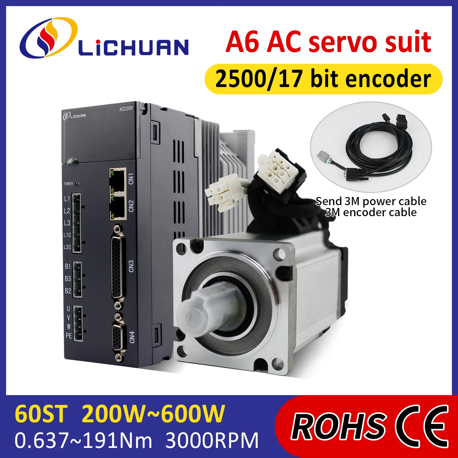 Lichuan A6 200/400/600W AC Servo Motor Driver Controller 220V 1.6/2.5/3.3A 3000rpm 0.637/1.27/1.91N.m AC Servo Motor Drivers Kit