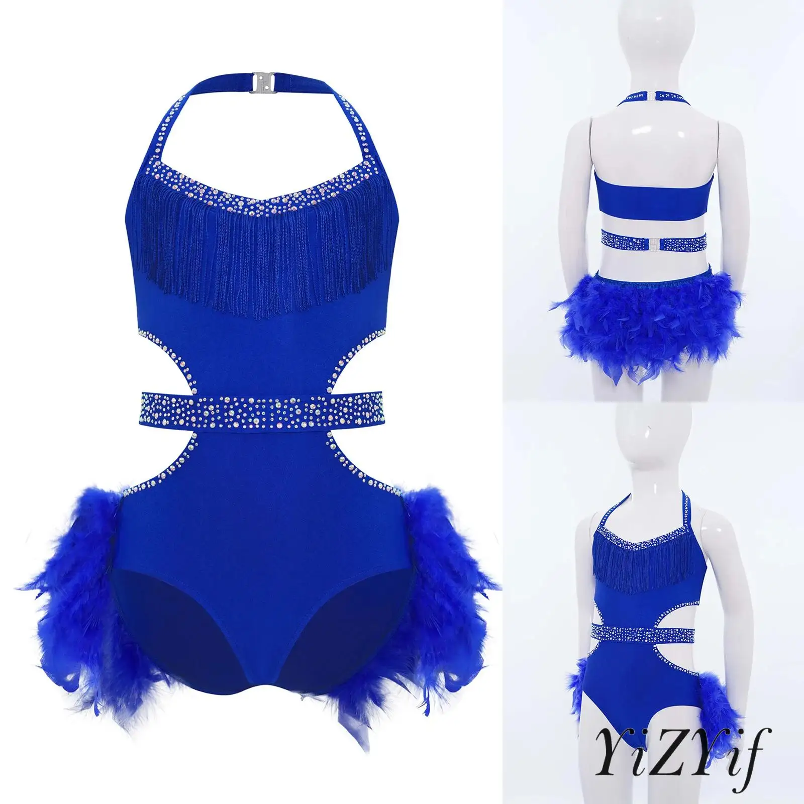 

Kids Girls Latin Jazz Dance Skirted Leotard Halter Sleeveless Cutout Sparkly Rhinestones Bodice Feather Bodysuit for Performance