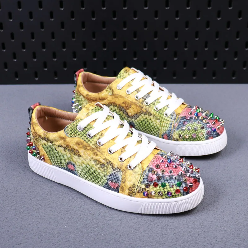 men fashion punk hip hop rivets shoes lace-up spikes studded shoe brand designer flats sneakers snake skin pattern footwear male