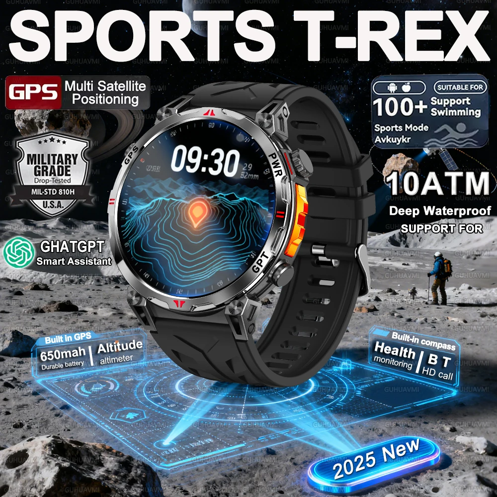 

2025 NEW SPORTS T-REX Smart Watch Men 10ATM Waterproof GPS trajectory Compass Altimeter Barometric 1.56 inches AMOLED Bracelet