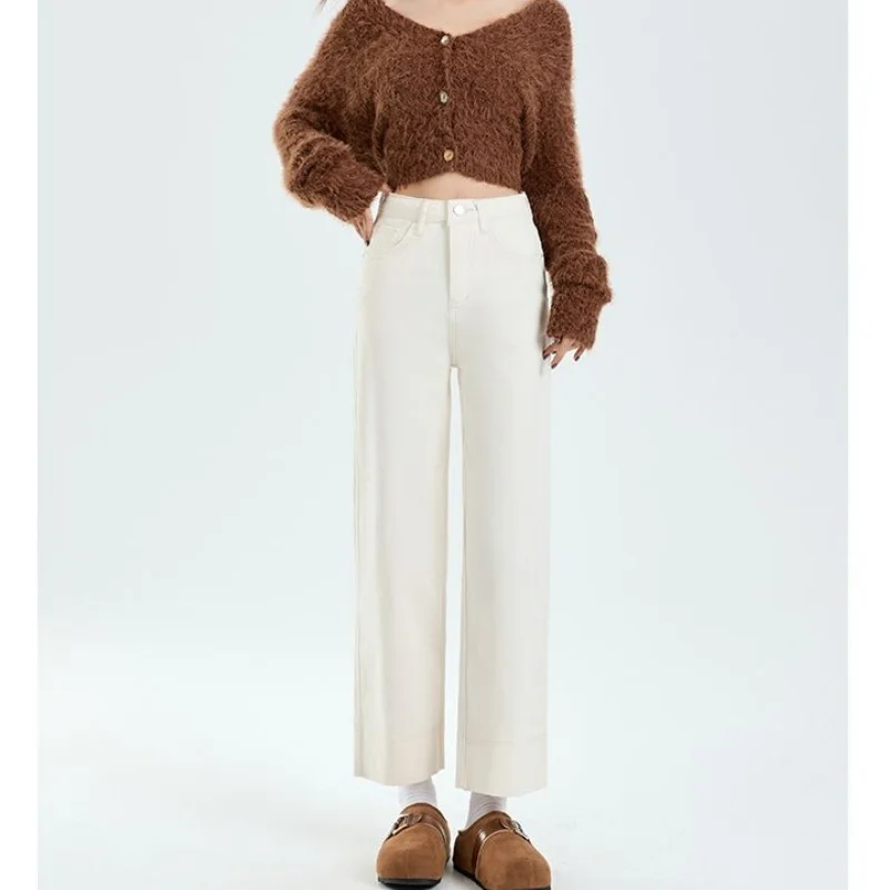 Women Korean Straight Leg Cropped Jeans Lady White New Solid High Waist 9-point Pants Lady Retro Casual Slim Fit Trousers