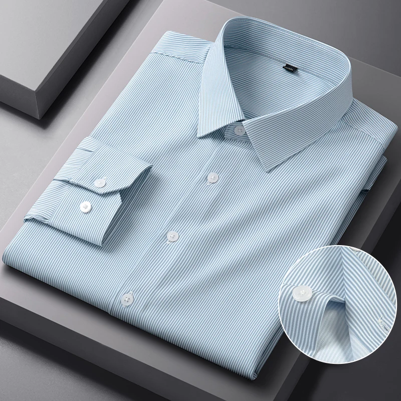 New Stretch Anti-Wrinkle Mens Social Shirt Long Sleeve Slim Classic Soft Casual Business Formal Plaid Striped Shirts Men Clothes