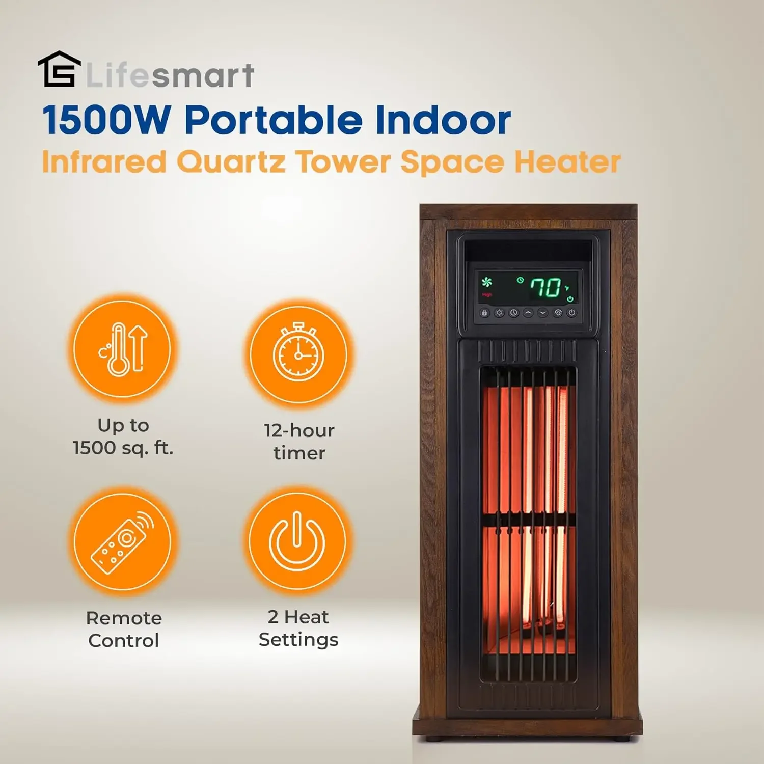 23 Inch Portable Electric Infrared Tower Space Heater for Indoor Use with 3 Heating Elements, Thermostat, and Remote, Brown