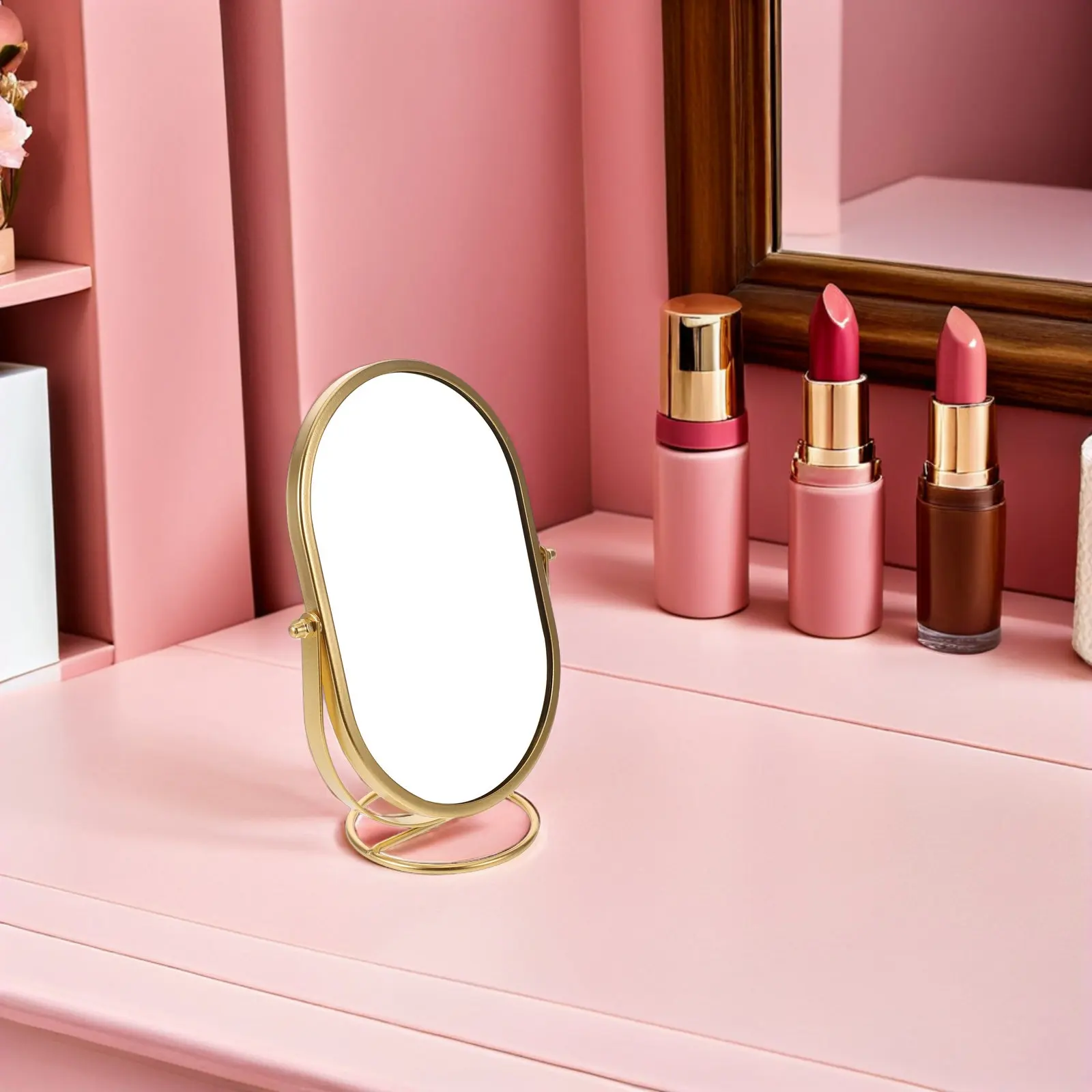 

Vanity Desk Rotatable Makeup Mirror Oval 360 Degree Swivel Stable Metal Desktop Standing Mirror Retro Style for Bedroom Dressing