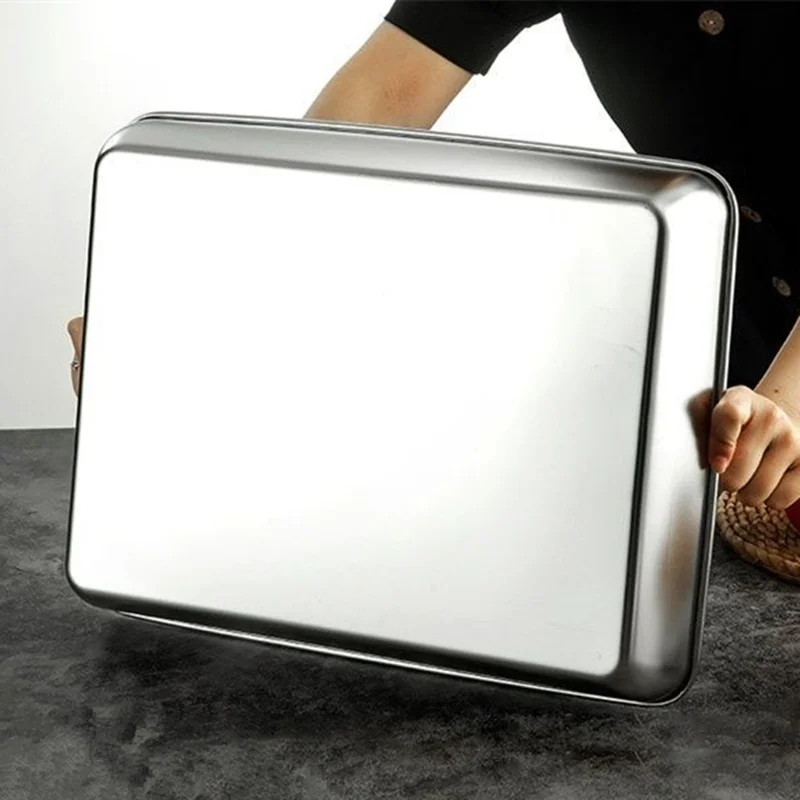 Thicken Stainless Steel Food Storage Tray Rectangular Deep Plates Fruits Bread Cakes Steamed Sausage Dishes Kitchen Cooking Tool