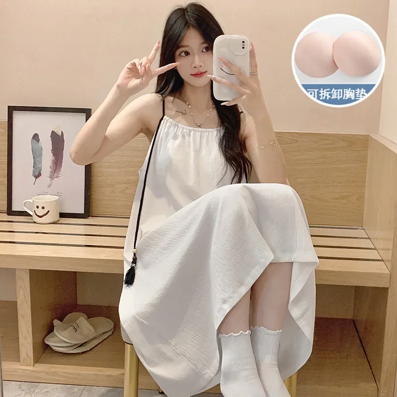 한국 달콤한 학생 수면 원피스 공주 스타일 중간 길이 잠옷, 가슴 패드 포함, 민소매 여름 루즈 홈 의류, 2XL