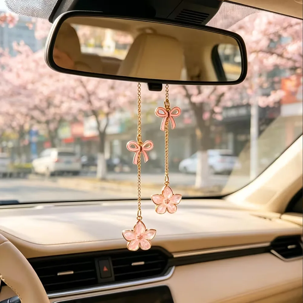 Car Rearview Mirror Charm - Pink Sakura Flower Pendant with Gold Chain Cute Auto Interior Decor for Women Gift Idea Decoration