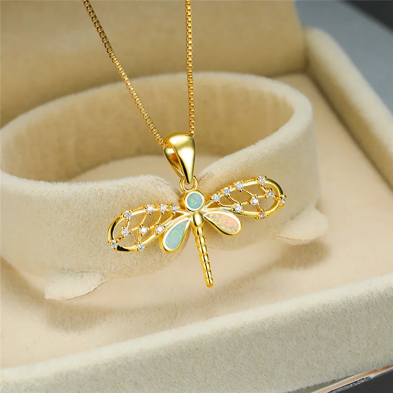 

2025 Cute Dragonfly Pendant Necklace Anniversary Party Girl Gift Fashion Jewelry Imitation Opal Necklace for Women Accessories