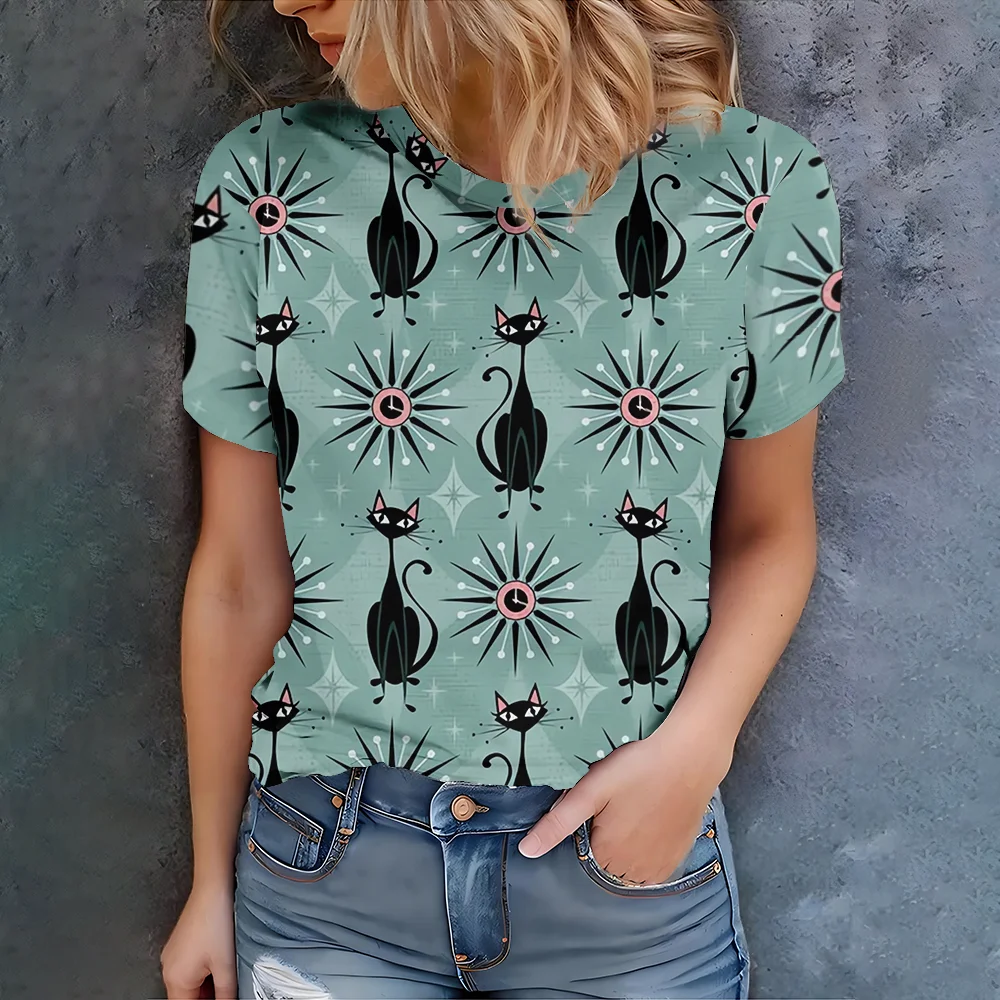 

Женская мятно-зеленая футболка с принтом кошачьей звезды - летняя повседневная футболка в стиле ретро с круглым вырезом и коротким рукавом