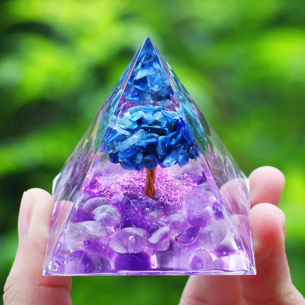 Tree of Life Orgone Pyramid Natural Crystal Amethyst Peridot Healing Reiki Chakra Energy Generator Orgonite Pyramid Room Decor