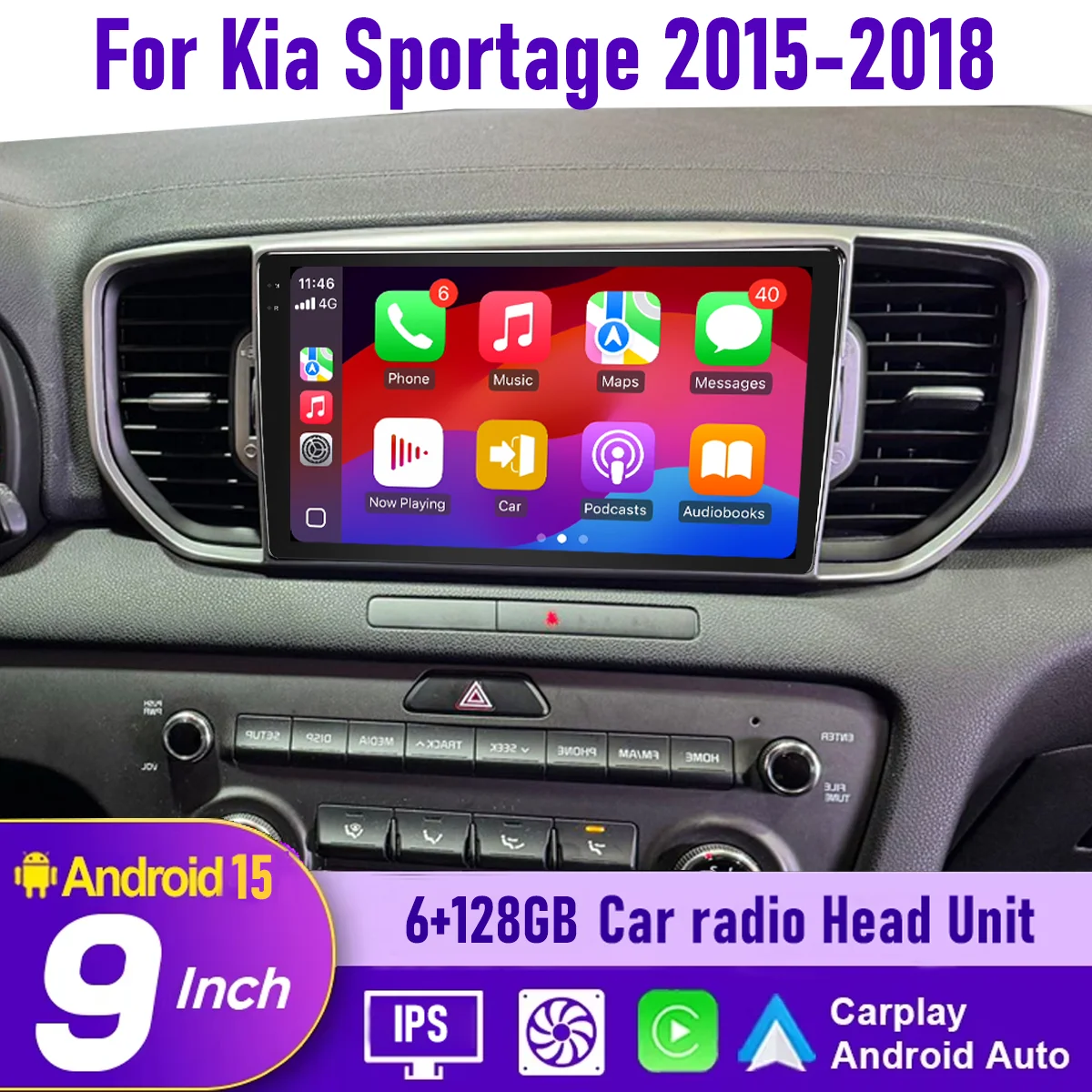 

9“ Wireless CarPlay Android auto 6-128GB (8CORE) For Kia Sportage 2015-2018 QLED Screen Android15 Head Unit Navigation Radio