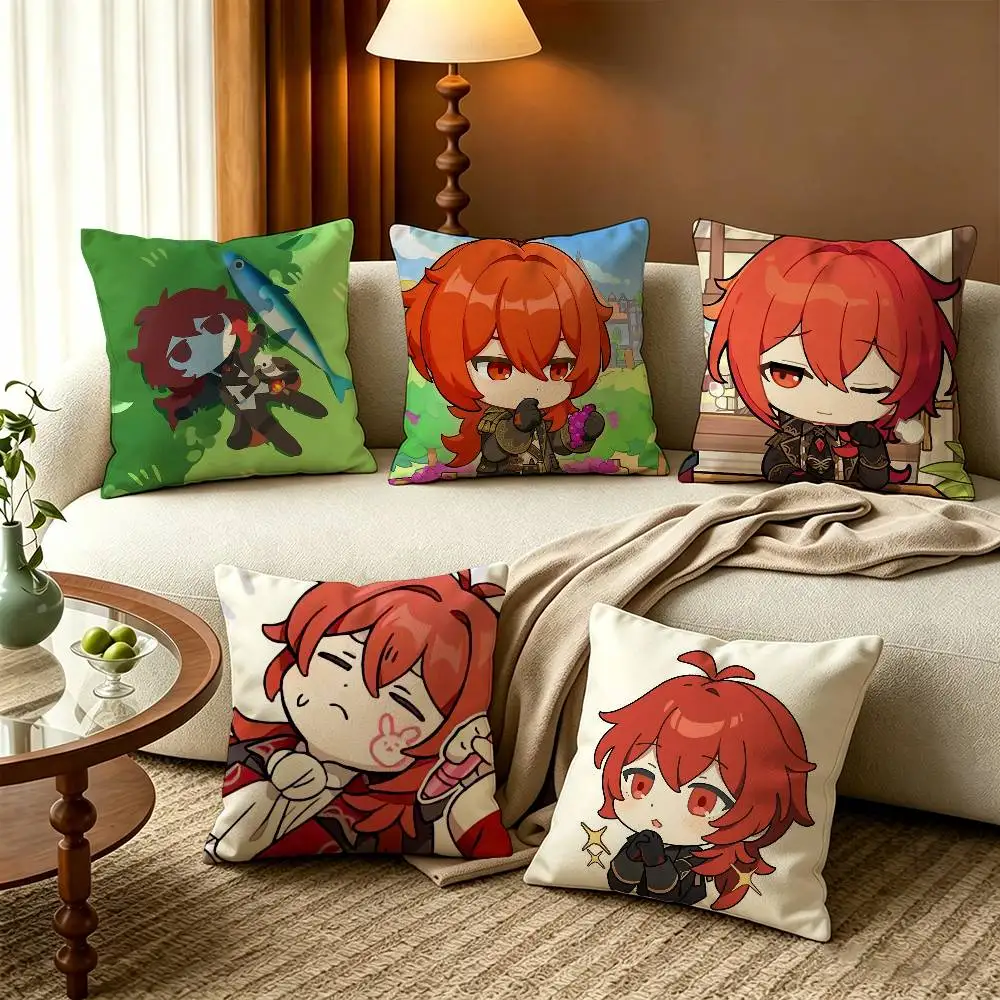 

D-Diluc G-Genshin Square Zipper Cotton Linen Fabric Pillow Cases Bedroom Home Decorative Boys Girls Gift