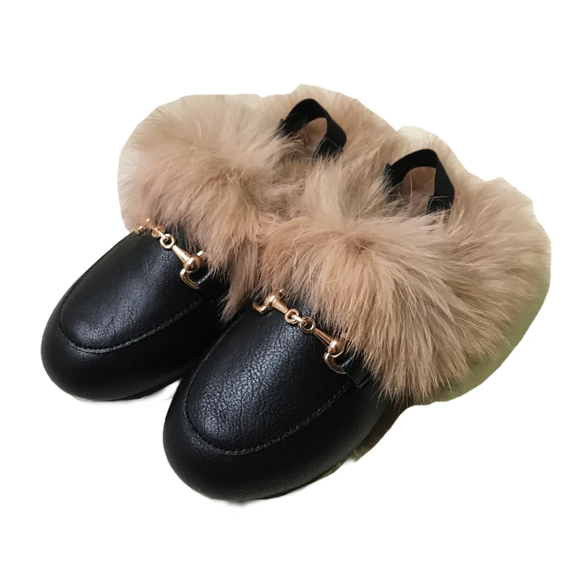 Winter Kinder Pelz Prinzessin Schuhe Baby Mädchen Marke Leder Rutschen Kinder Slip auf Hausschuhe Kleinkind Mode Kleid Wohnungen Jungen Schuhe