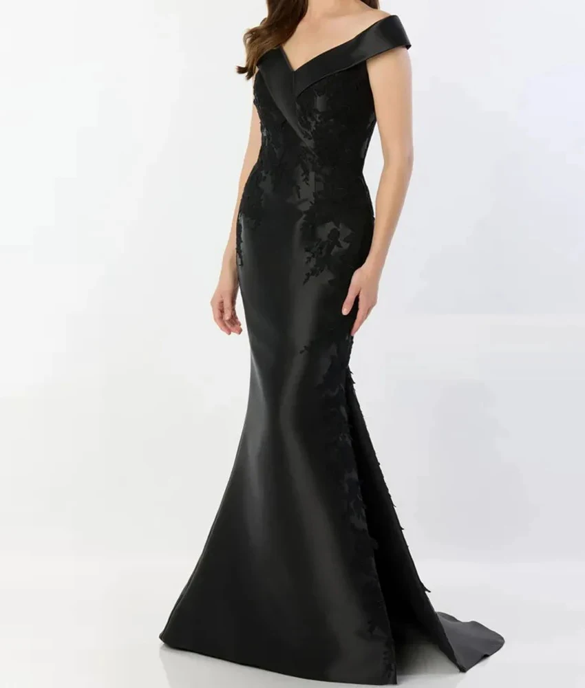 

Customized Exquisite Satin Mermaid Off the Shoulder Appliques Buttons Evening Dress New fashion V-Neck Floor Length prom dresses