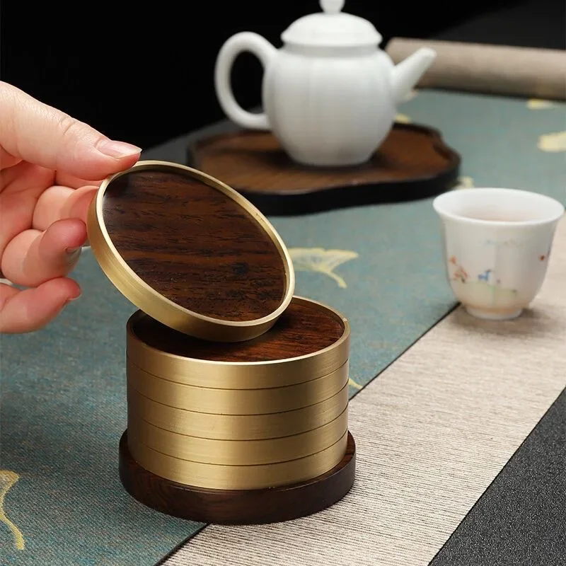 المنزل الحلي الأبنوس قاعدة أكواب من الخشب الصلب عدم الانزلاق مقاومة للحرارة فنجان شاي حامل مكافحة السمط النحاس الخشب حصيرة مستديرة مكتب #3