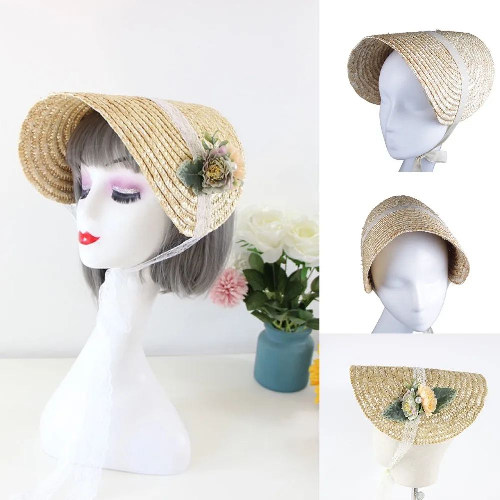 French Style Lolita Straw Hat Victorian Bonnet Handmade Beach Hat Sweet Lace-up Hair Accessories Flat Top Hat