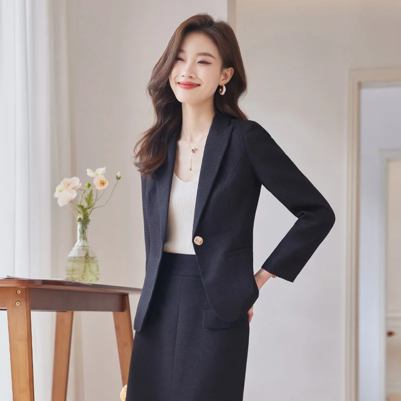 2023 Elegant Women Formal Jacket Skirt Suit Ladies Black Blue Beige Long Sleeve Female Blazer Two Piece Set For Autumn Winter