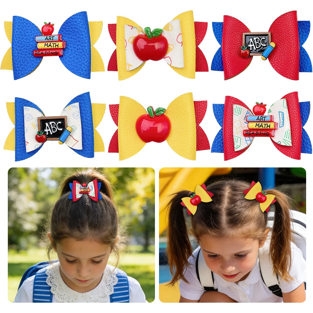 36pcs PU Leather Hair Clips for Girls Pencil Print & Apple Fruit Pattern Barrettes Kids Back to School Headwear Bulk Pack