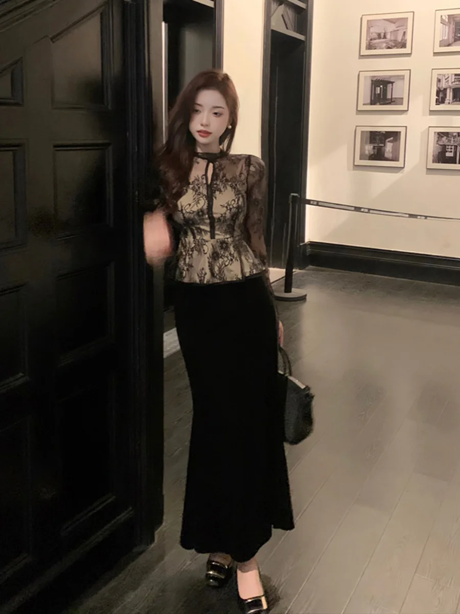 Ele Me dentelle longue Sve Base irt femmes printemps automne nouveau Sle Floral évider Design Faionable haut