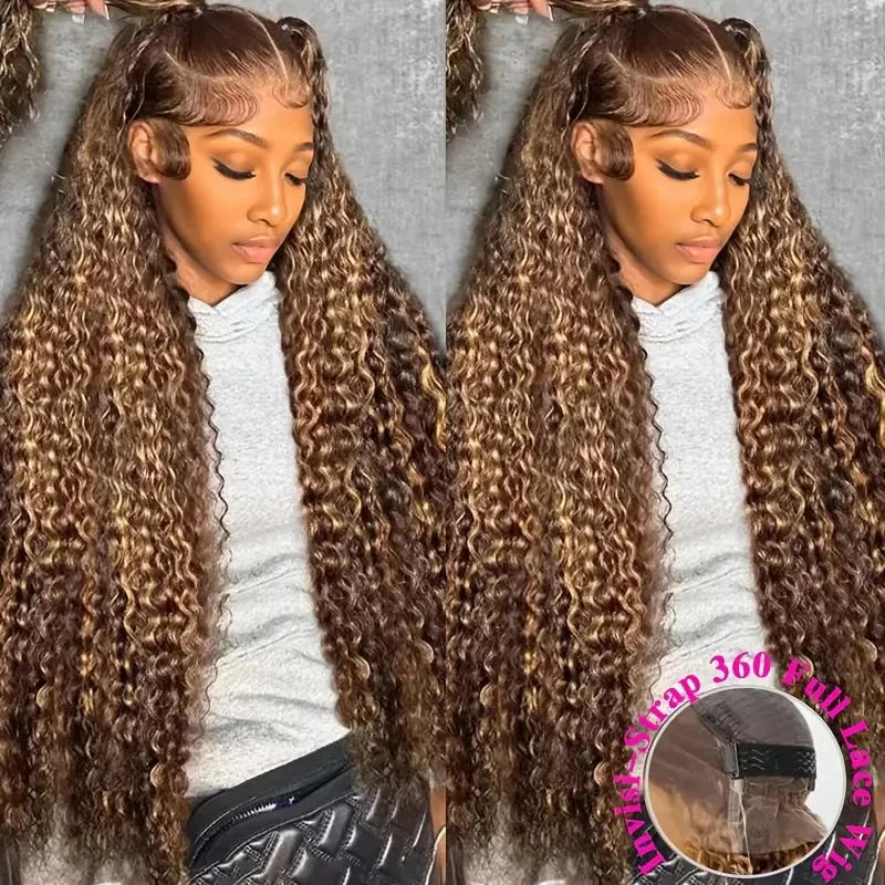 Parrucca frontale in pizzo 360 con coulisse invisibile capelli umani ricci evidenziati P4 / 27 colori parrucche anteriori in pizzo brasiliano per capelli umani per le donne