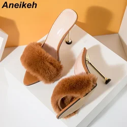 Aneikeh 2025 Testa estiva Punta a punta PIATRA Dolce sottile Tacco alto Moda Muli Sexy Flock Scarpe Ladies Party Zapatos Mujer