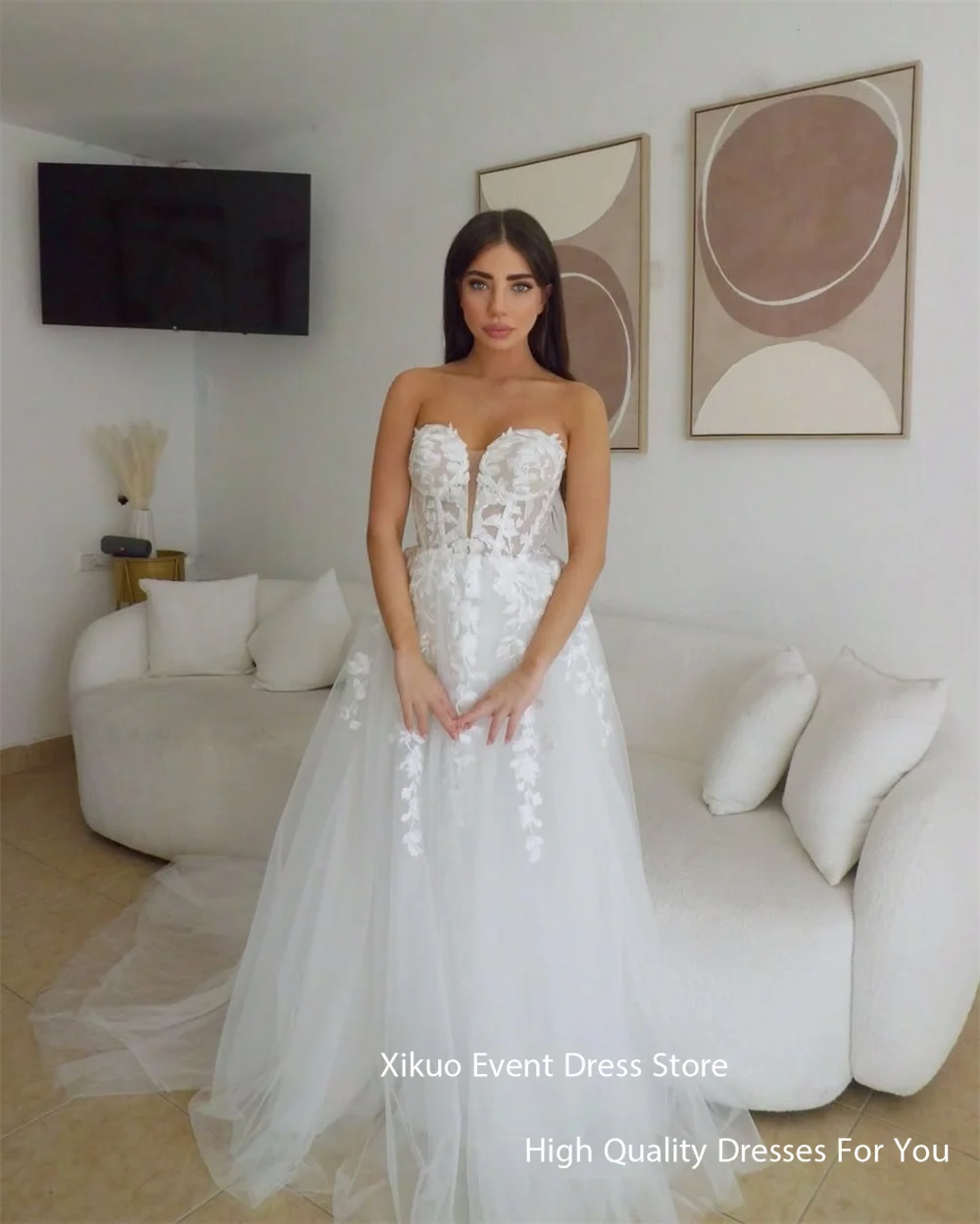Xikuo ロング A ライン自由奔放に生きるウェディングドレス恋人チュールブライダルドレス優雅なアップリケ女性 Vestido デノビアカスタマイズ