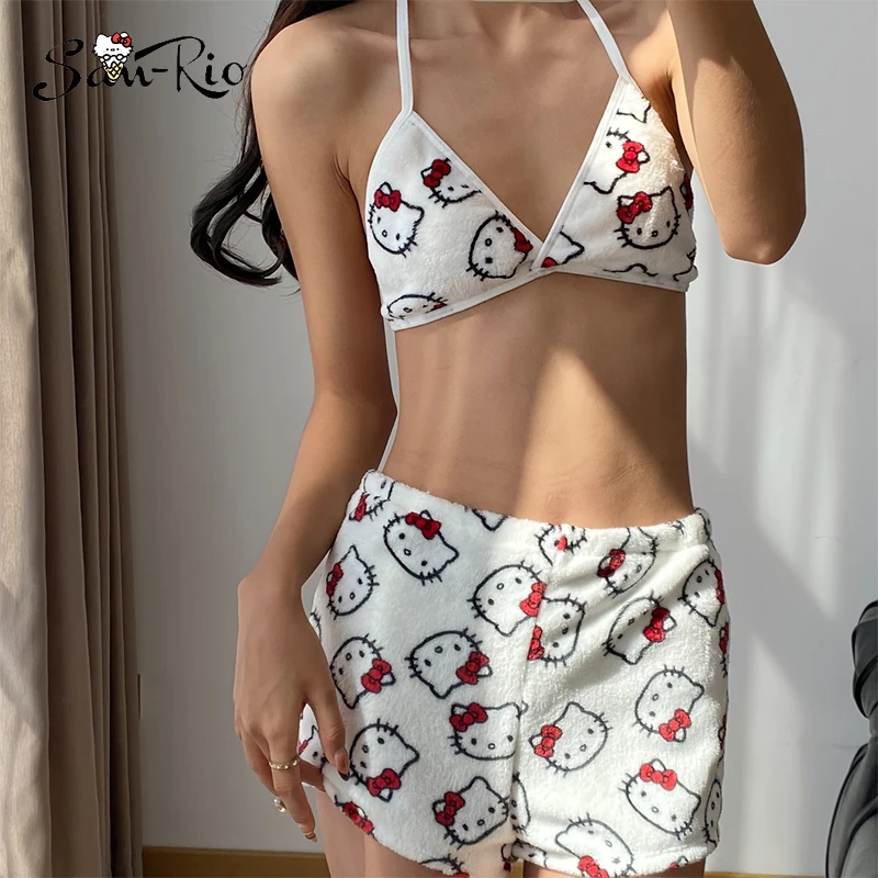 

Sanrio Hello Kitty Women's Pajama Set Cute Cartoon Print Attractive Halter Neck Top & Shorts Soft Polyester Comfy Sleepwear with