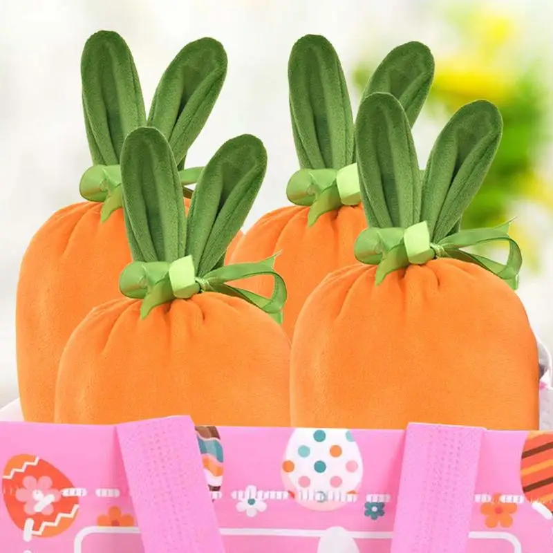 Easter Carrot Shape Candy Bags 10X Easter Treat Candy Bags Easter Basket Stuffers Rabbit Ear Velvet Bags For Spring Holiday