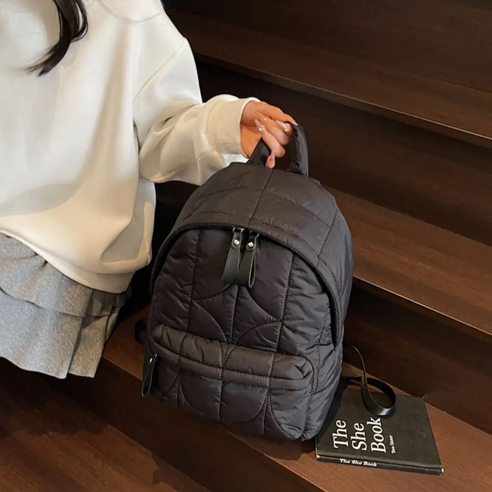 Solid Color Padded Coat Backpack Cloud Nylon Space Cotton Shoulder Bag Pleated Large Capacity Student Schoolbag Lady/Girls