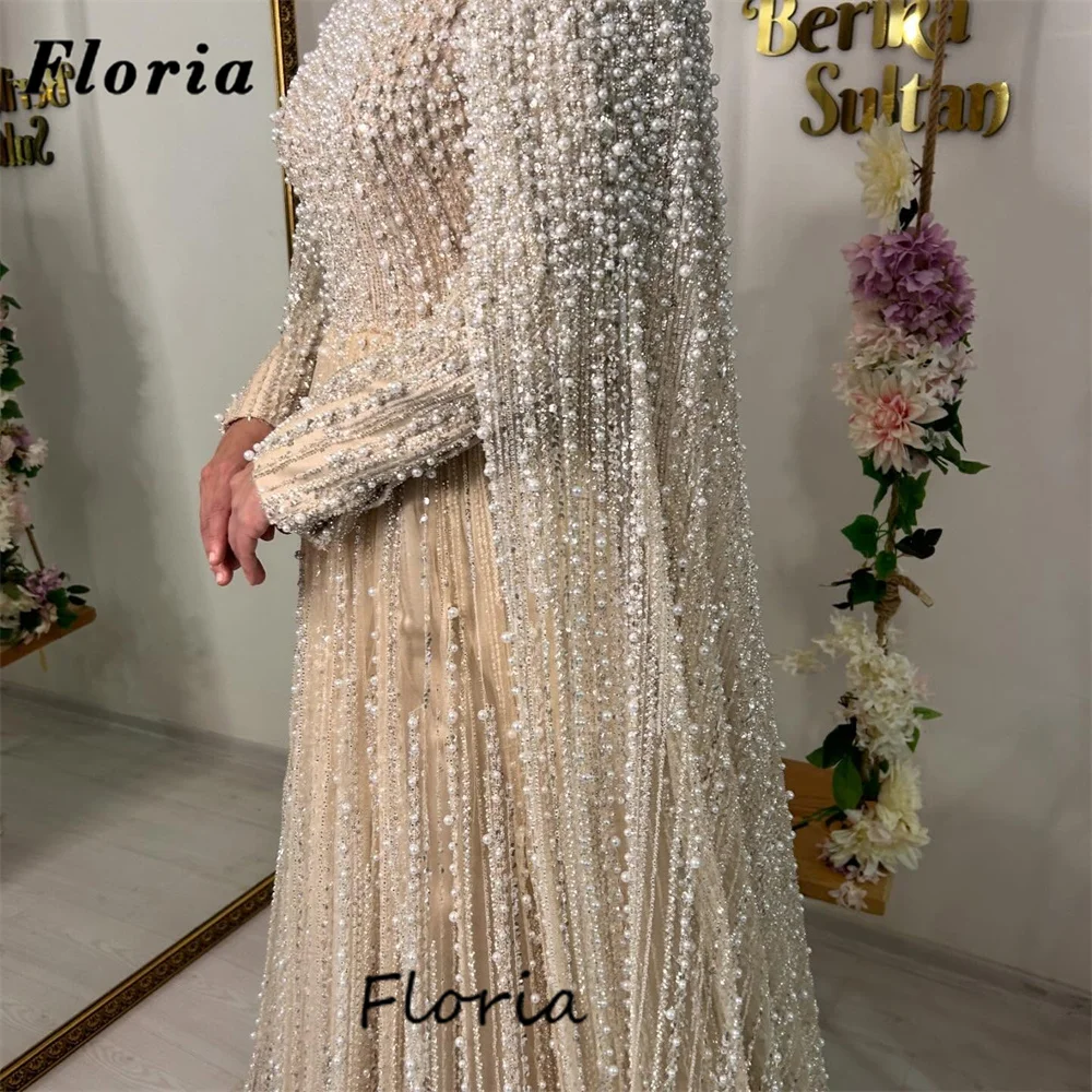 Champagner-Abendkleider mit schweren Perlen und Perlen, maßgeschneidert, 2025, muslimisches Cape, lange Ärmel, Geburtstagsparty-Kleider, Abschlussball-Empfangskleid