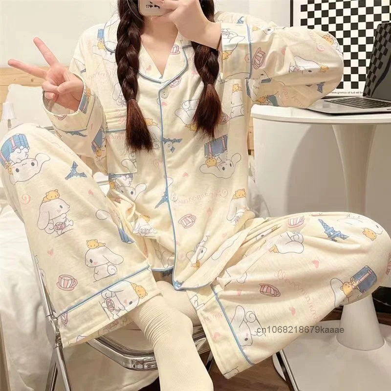 Sanrio Cinnamoroll Cartoon New Pajamas Spring Autumn Students Sweet Cute Y2k Girl Pajamas Korean Style Long Sleeve Home Clothes