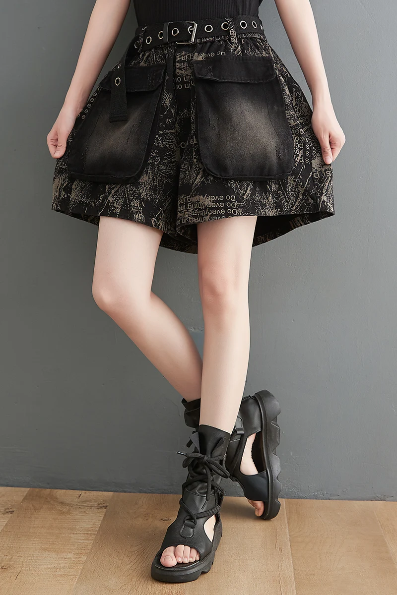 Retro Print Denim orts Women's Summer New Loose Large Size Personalized Big ket Slim Wide Leg Pants Skirt High Waist Cot...