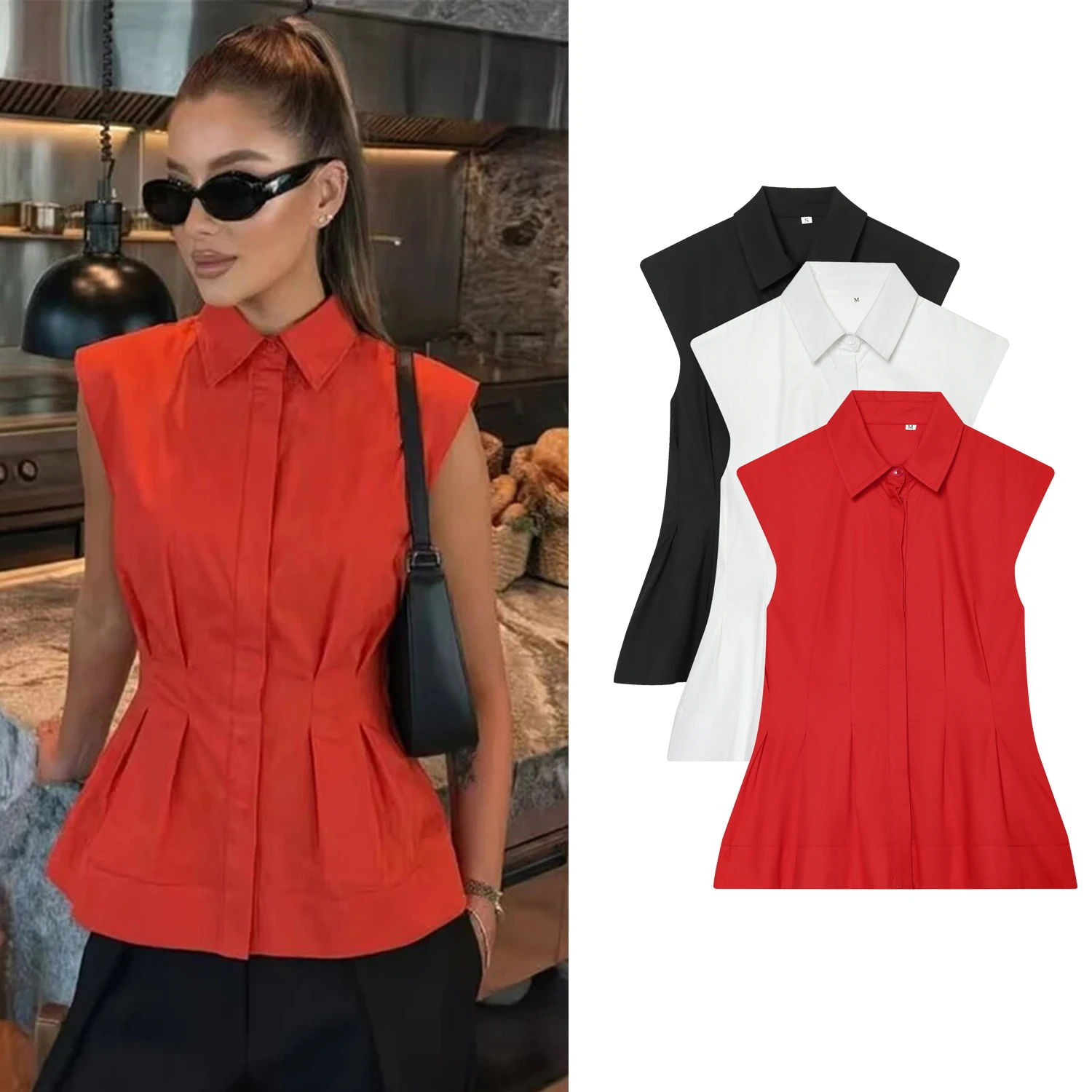 Women Casual Sleeveless Slim S - Shirt Camp Collar ulasan dan harga