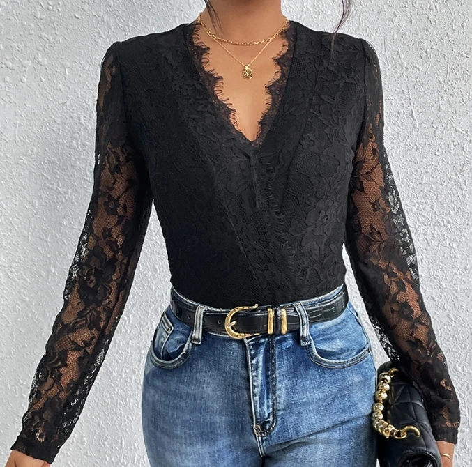 Jumpsuit slim lace V-neck hollowed out jumpsuit