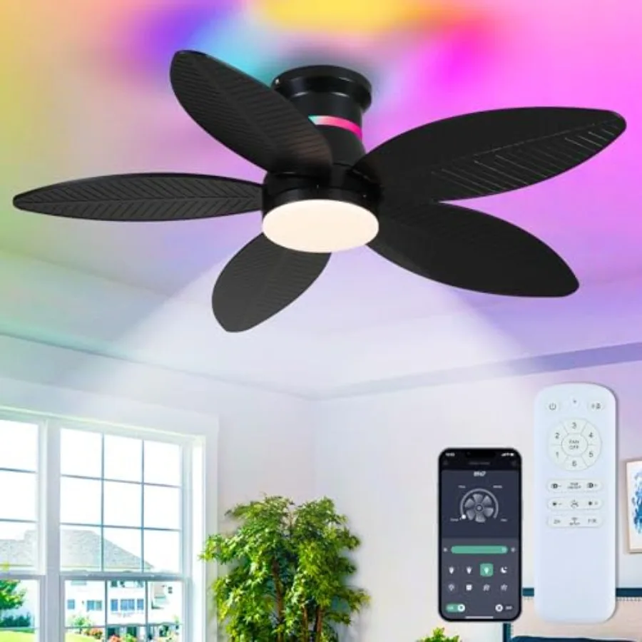 

46" Black Ceiling Fans with RGB Lights - Flush Mount Ceiling Fan Light with LED 3CCT Dimmable, Tropical Palm Leaf Ceiling Fans
