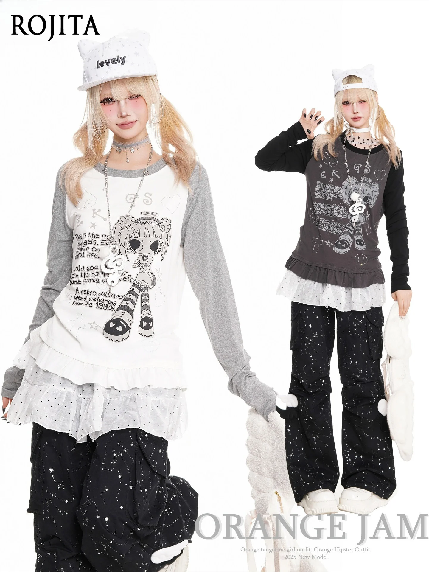Cute Cartoon Girl Printed Long-sleeved T-shirt Women's 2026 Autumn New Contrasting Color Splicing Loose Top Y2k Top
