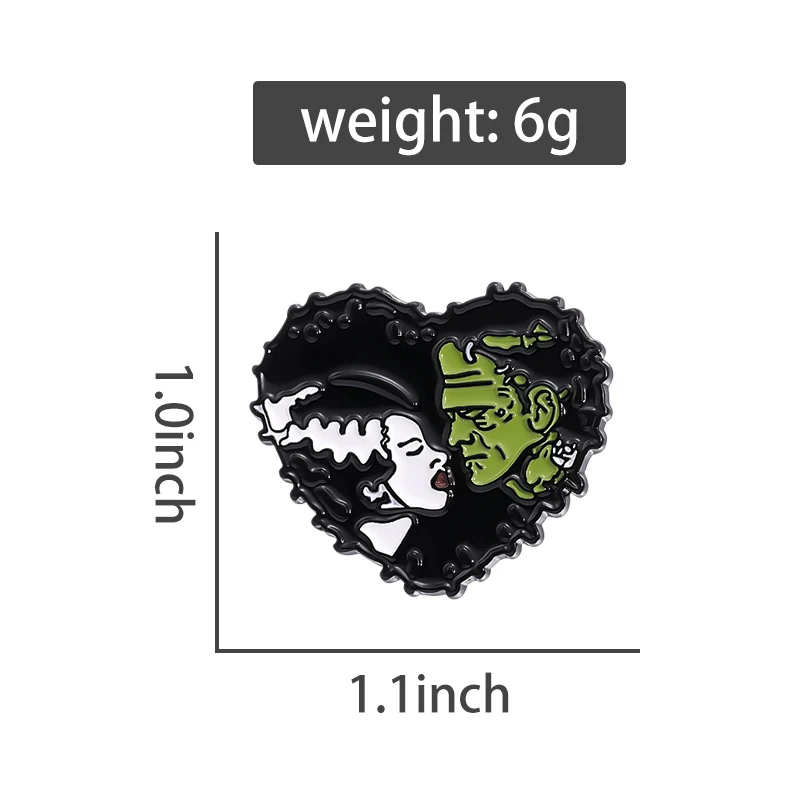 Ghoulish Love Bride & Frankenstein Enamel Pins Science Horror Movie Loving Dead Heart-shaped Lapel Bags Badge Punk Jewelry Gift