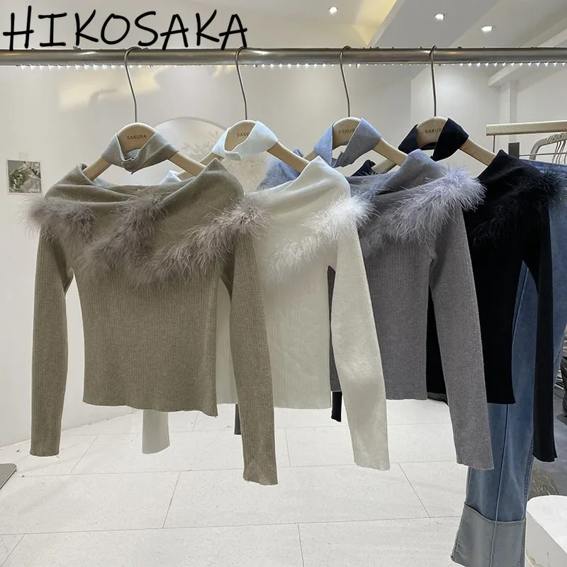 

Korean Niche Design Furry Off Shoulder Sweet Jumpers Slim Fit Long Sleeve Pullovers 2024 New Autumn Winter Elegant Sweaters