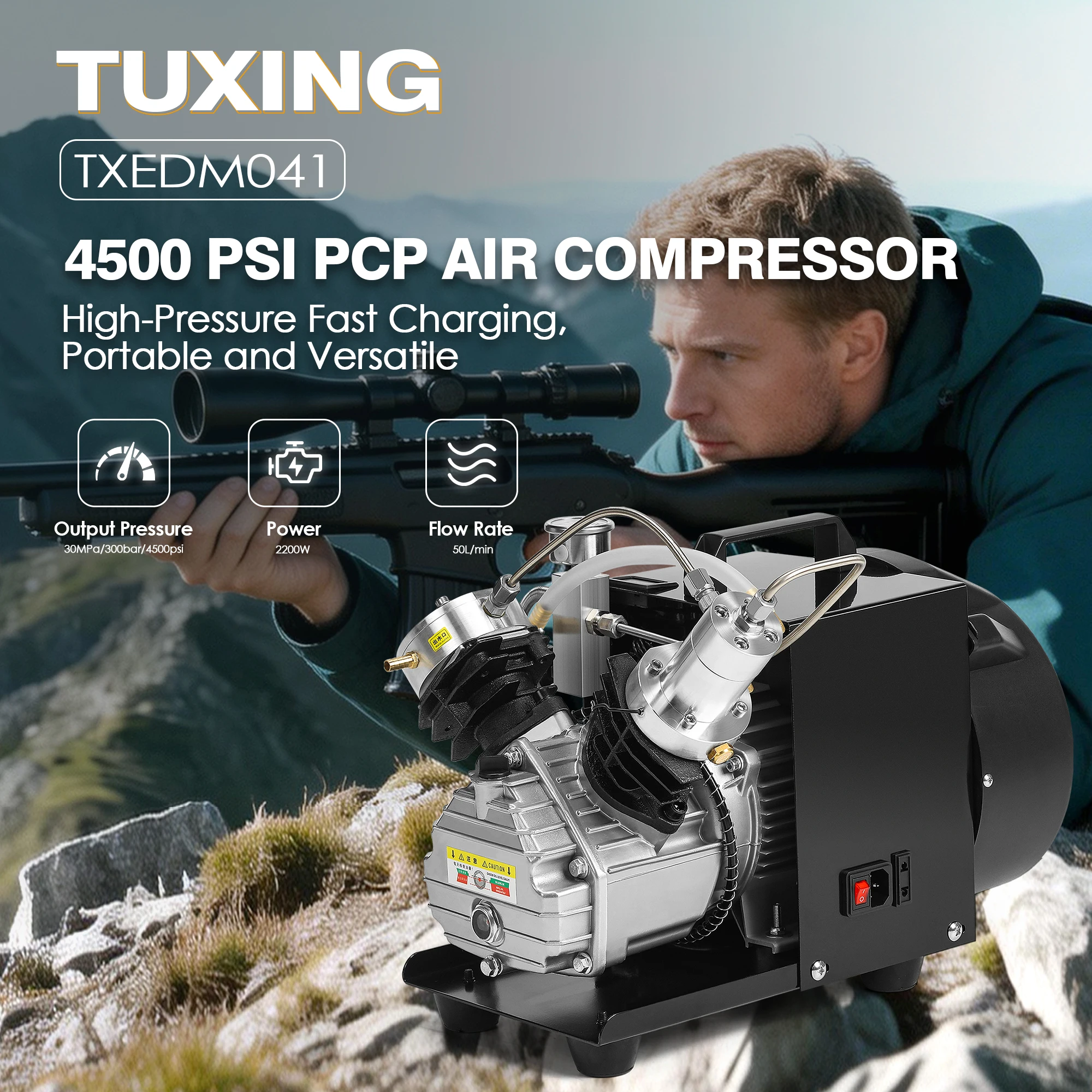 For TUXING TXEDM041 300Bar PCP Air Compressor 4500Psi Diving Portable High Pressure Compressor for PCP Paintball Scuba 6.8L Tank