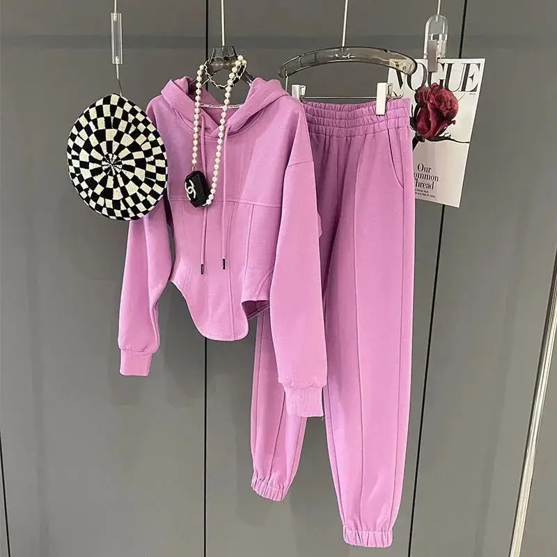 

Autumn Woman Knitted Suit Female New Solid Color Hoodies and Wide Leg Pants Ladies Two-piece Fashion Casual Set G482
