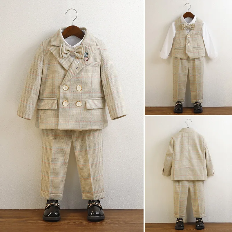 Children Boys Formal Suits Set New Checkered Double Breasted British Style Small Suit For Kids Boys Wedding Banquet Elegant Suit
