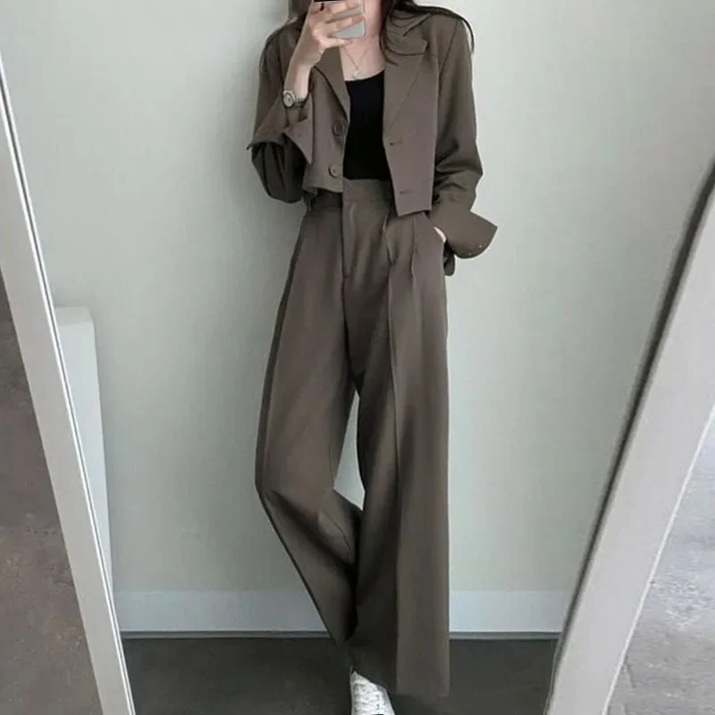 Kimotimo Women Solid Two Piece Sets Korean Chic Casual Turn-down Collar Short Blazer Coat + High Waist Wide Leg Long Pants Ins