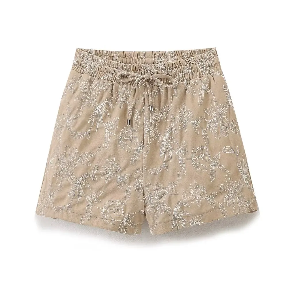 Shorts brodés de fleurs pour femmes, décoration décontractée, poche latérale, taille élastique rétro, proximité wstring, nouvelle mode