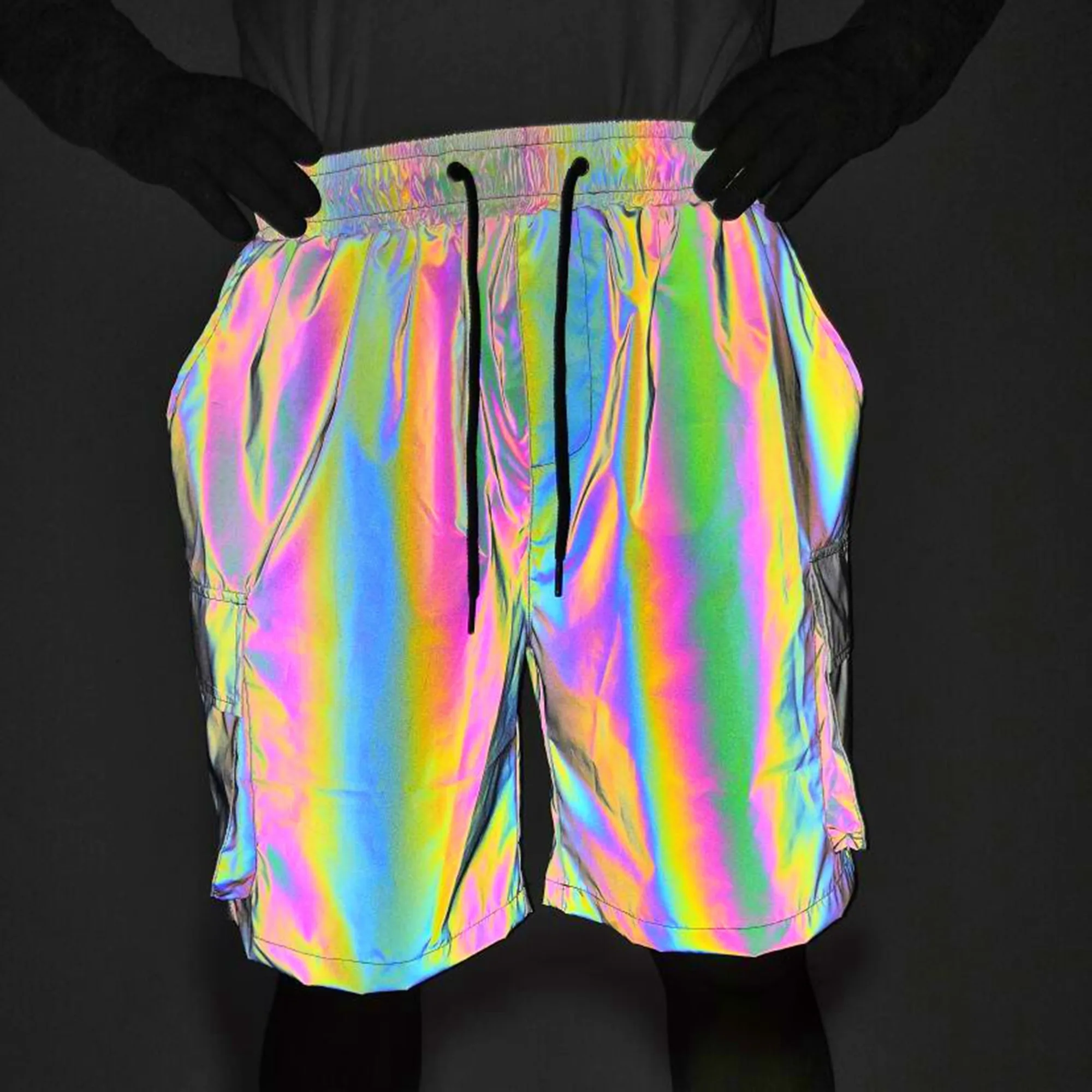 Holographic Men's Reflective Rainbow Glow Shorts Festival Party Shorts, Cargo Shorts, Psychedelic Multi-pock