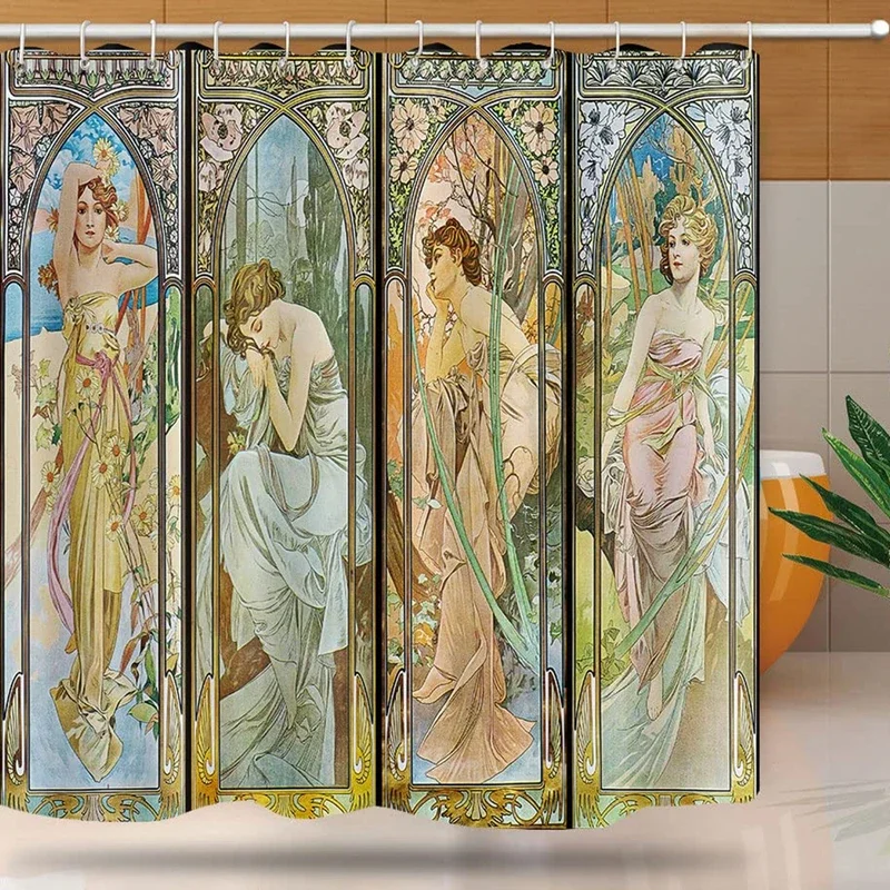 Art Nouveau Lady Shower Curtain,Aesthetic Art Times of The Day, Night's Rest,Evening Reverie,Daybreak,Morning Awakening Bath Set